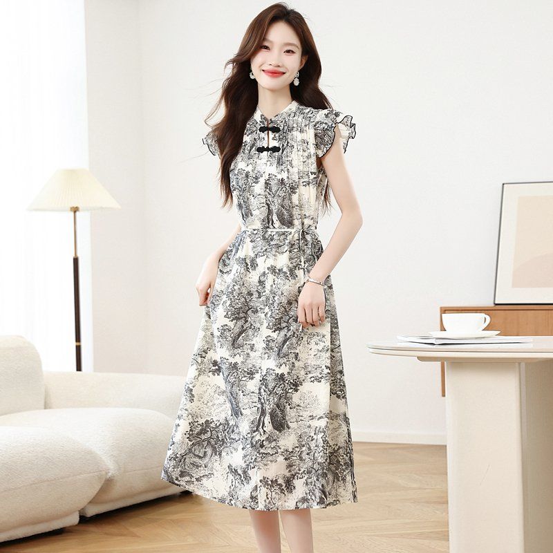 봄 여름 오리엔탈 텐셀 치파오 플러터 반팔 롱 원피스 프린트 하객룩 아이보리 블랙 - 상세 이미지 4