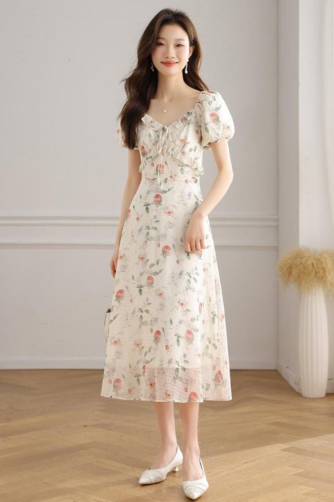 봄 여름 플라워 스퀘어넥 퍼프 반팔 스모킹 롱 원피스 A라인 리본 프릴 데이트룩 아이보리 - 상세 이미지 5