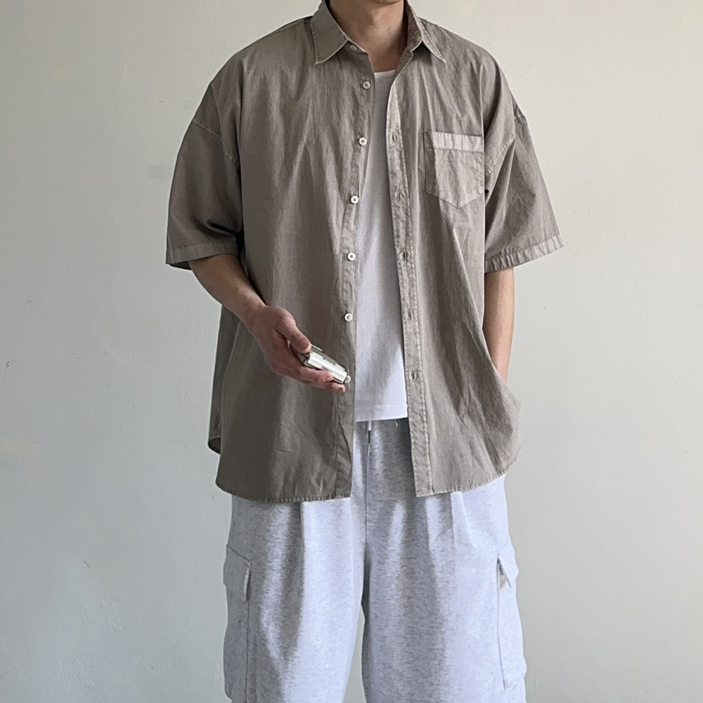 남자반팔셔츠 피그먼트 오버핏 여름 커플 남방 남자 셔츠 - 상세 이미지 4