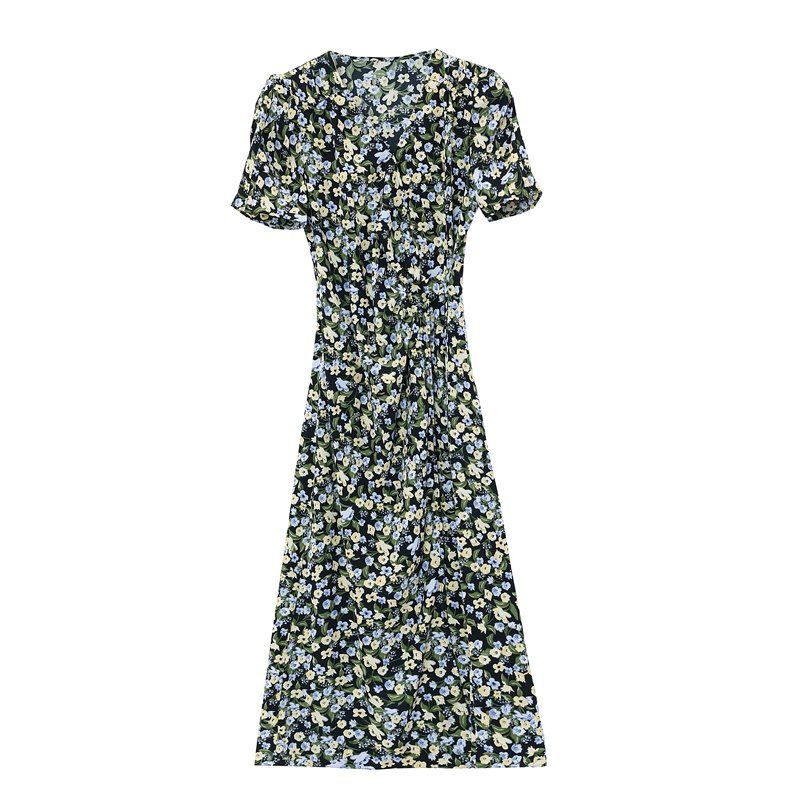 봄 여름 쉬폰 플라워 브이넥 반팔 롱 원피스 셔링 H라인 사이드지퍼 네이비 플라워