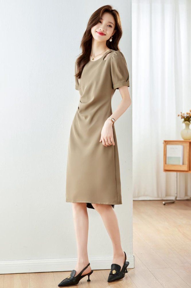 봄 여름 라운드넥 반팔 컷아웃 옆셔링 H라인 미디 원피스 오피스룩 하객룩 모카 브라운