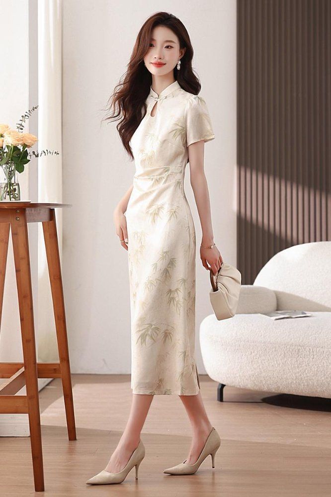 봄 여름 뉴 차이니즈 스타일 치파오 반팔 미디 롱 원피스 만다린카라 H라인 하객룩 살구색 - 상세 이미지 5