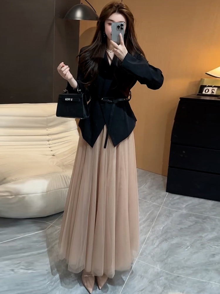 블랙자켓 베이지메쉬샤롱스커트 코디세트 베트포함 하이웨스트 오피스룩 정장 등원룩 패션 - 상세 이미지 4