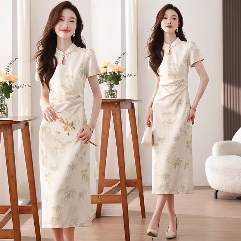 봄 여름 뉴 차이니즈 스타일 치파오 반팔 미디 롱 원피스 만다린카라 H라인 하객룩 살구색 - 상품 이미지