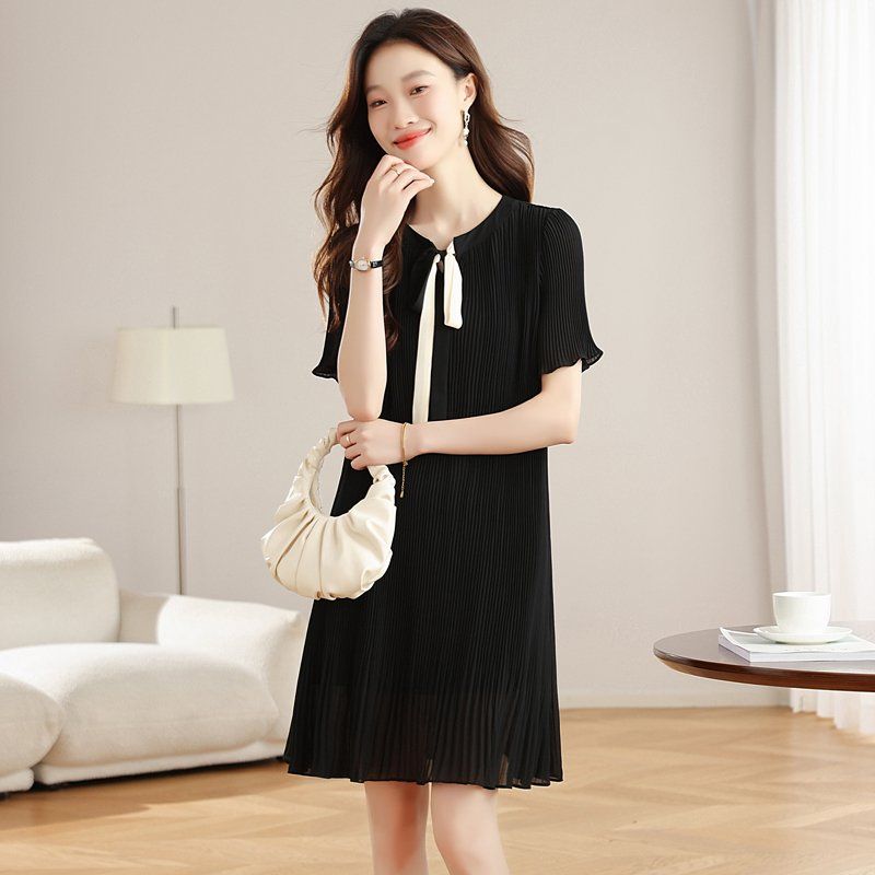 봄 여름 플리츠 주름 리본 타이 반팔 미디 루즈핏 A라인 원피스 하객룩 오피스룩 블랙 - 상세 이미지 4