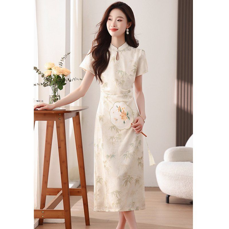 봄 여름 뉴 차이니즈 스타일 치파오 반팔 미디 롱 원피스 만다린카라 H라인 하객룩 살구색 - 상세 이미지 4