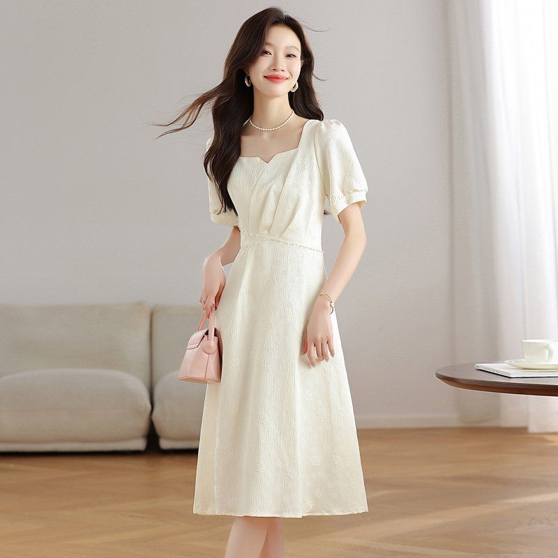 봄 여름 자카드 스퀘어넥 퍼프 반팔 진주 허리 미디 원피스 A라인 하객룩 블랙 아이보리 - 상세 이미지 2