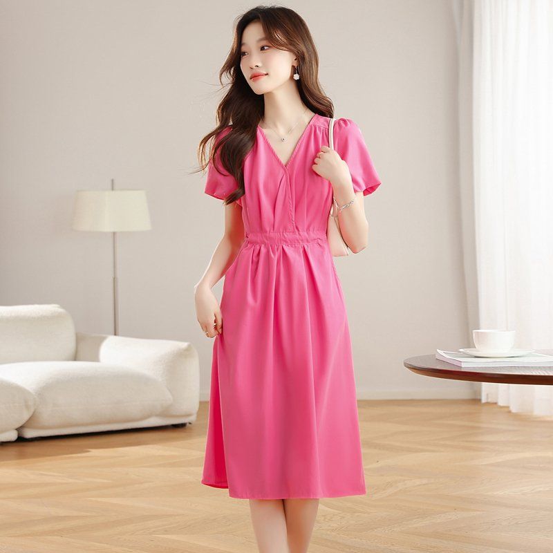 봄 여름 브이넥 반팔 허리 스트랩 셔링 롱 원피스 A라인 포켓 오피스룩 데이트룩 핑크 - 상세 이미지 4