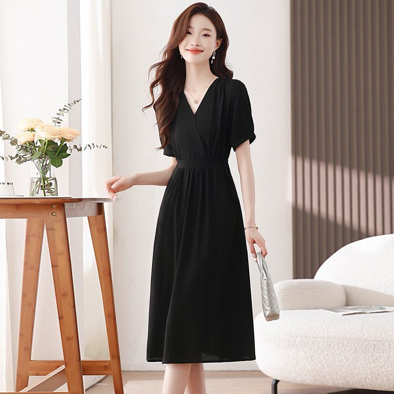 봄 여름 쉬폰 브이넥 반팔 허리 스트랩 랩 롱 원피스 A라인 포켓 오피스룩 블랙 - 상세 이미지 2