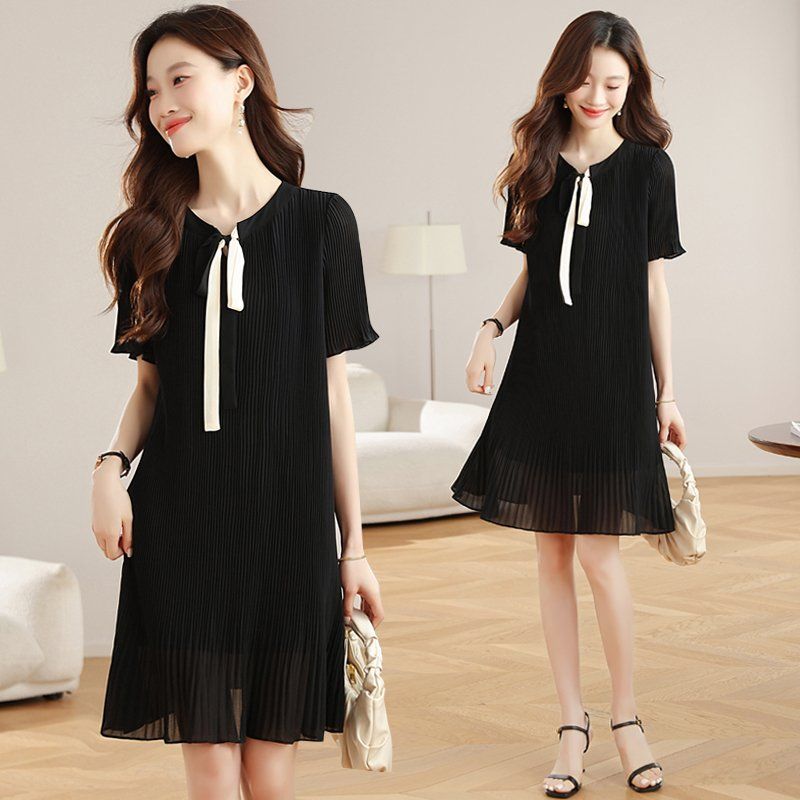 봄 여름 플리츠 주름 리본 타이 반팔 미디 루즈핏 A라인 원피스 하객룩 오피스룩 블랙 - 상품 이미지