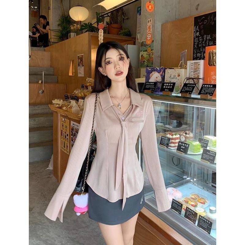 실크소재 넥타이 블라우스 스트라이프패턴 여리여리핏 여성스러운 새틴핑크 예쁜 디자인 데이트 - 상세 이미지 4