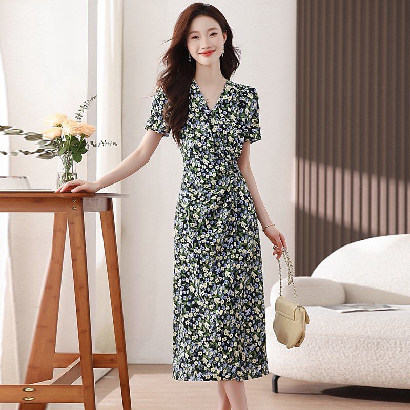 봄 여름 쉬폰 플라워 브이넥 반팔 롱 원피스 셔링 H라인 사이드지퍼 네이비 플라워