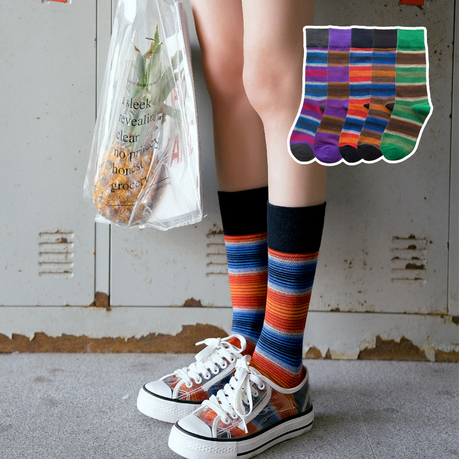 딜라이트 여성 스트라이프 줄무늬 장목 패션 양말 컬러 니삭스