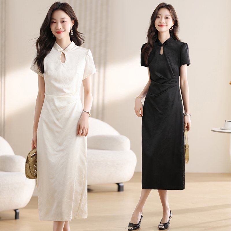 봄 여름 레트로 빈티지 치파오 퍼프 반팔 자카드 롱 원피스 만다린카라 하객룩 모임룩 베이지 - 상품 이미지