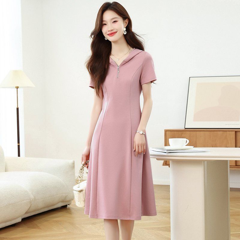 봄 여름 캐주얼 면 혼방 후드 집업 반팔 미디 롱 A라인 플레어 원피스 데일리룩 핑크 - 상세 이미지 4