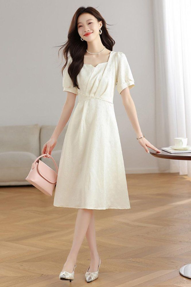 봄 여름 자카드 스퀘어넥 퍼프 반팔 진주 허리 미디 원피스 A라인 하객룩 블랙 아이보리 - 상세 이미지 5