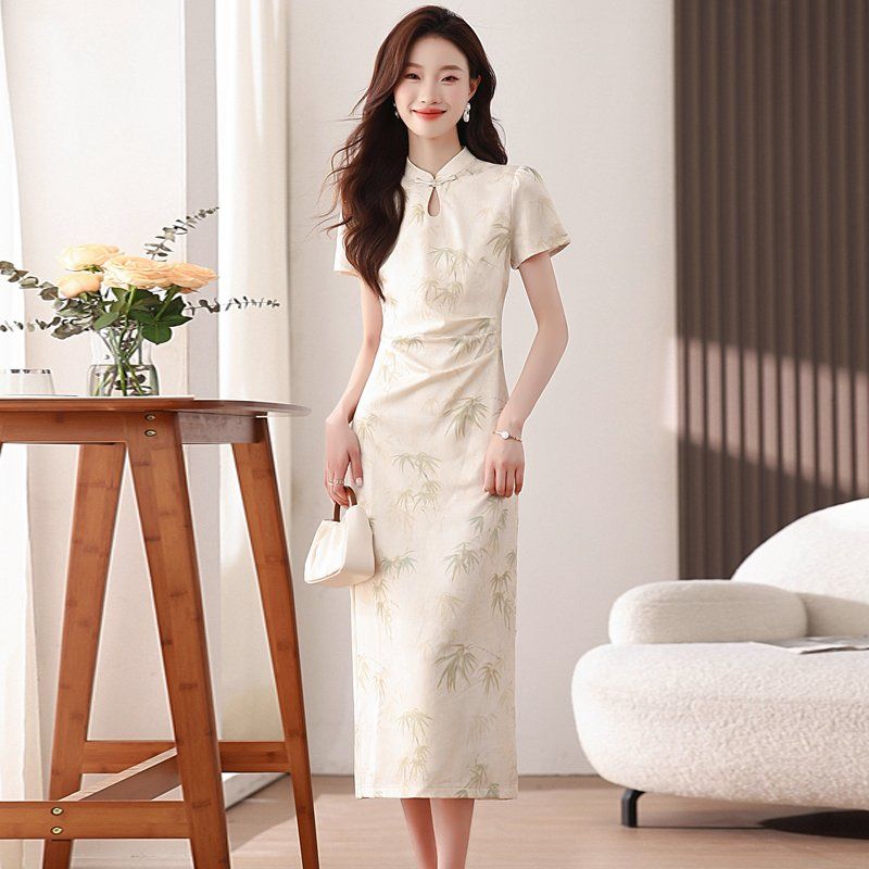 봄 여름 뉴 차이니즈 스타일 치파오 반팔 미디 롱 원피스 만다린카라 H라인 하객룩 살구색 - 상세 이미지 2