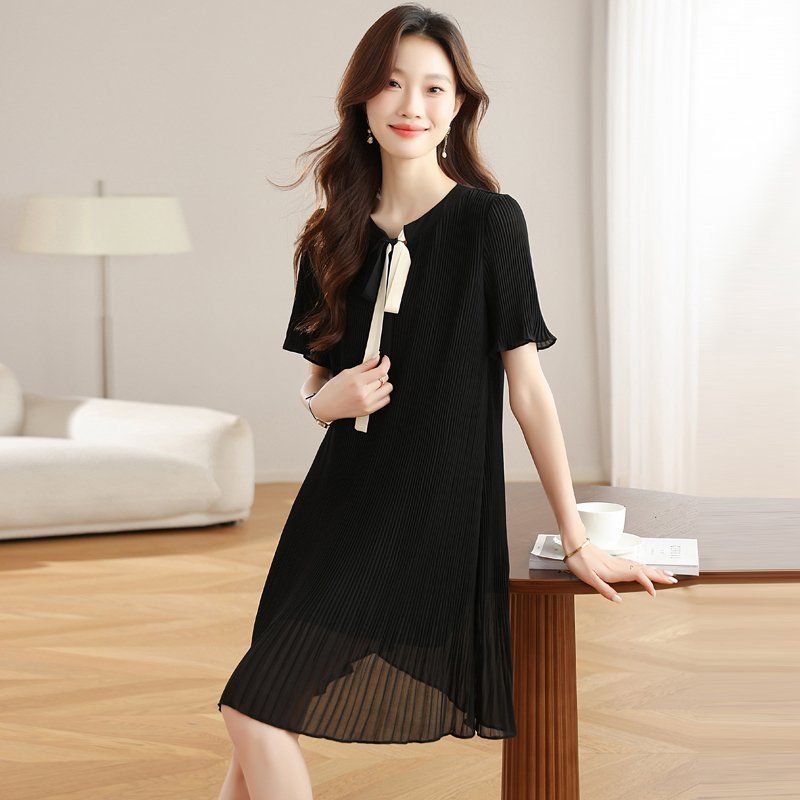 봄 여름 플리츠 주름 리본 타이 반팔 미디 루즈핏 A라인 원피스 하객룩 오피스룩 블랙 - 상세 이미지 3