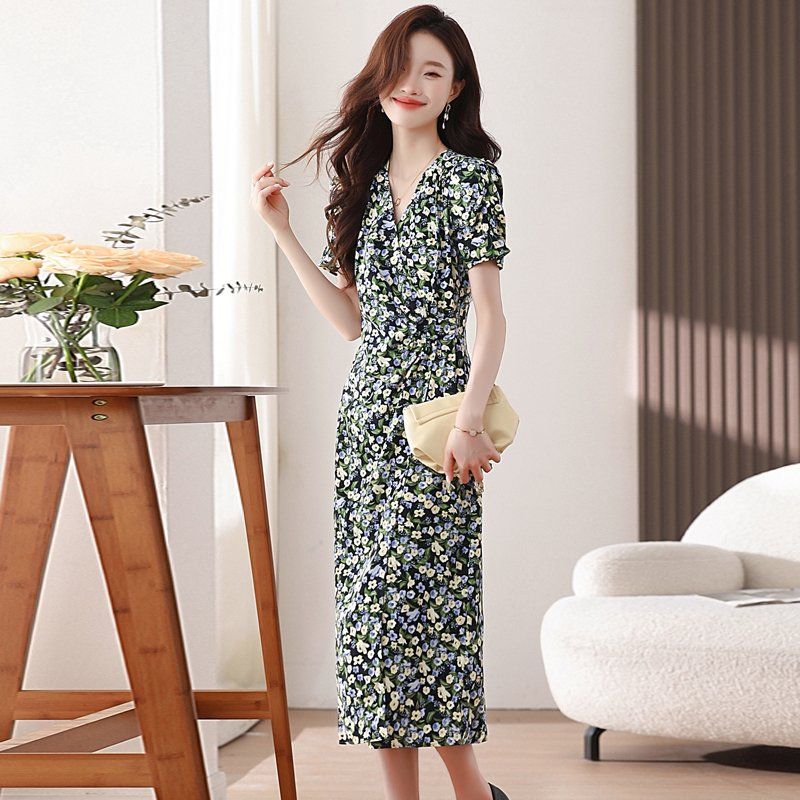 봄 여름 쉬폰 플라워 브이넥 반팔 롱 원피스 셔링 H라인 사이드지퍼 네이비 플라워