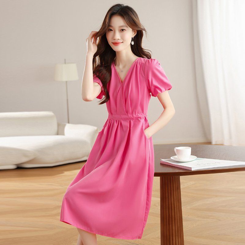 봄 여름 브이넥 반팔 허리 스트랩 셔링 롱 원피스 A라인 포켓 오피스룩 데이트룩 핑크 - 상세 이미지 3