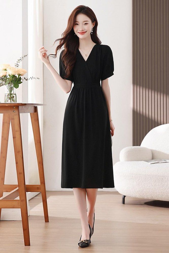 봄 여름 쉬폰 브이넥 반팔 허리 스트랩 랩 롱 원피스 A라인 포켓 오피스룩 블랙 - 상세 이미지 5