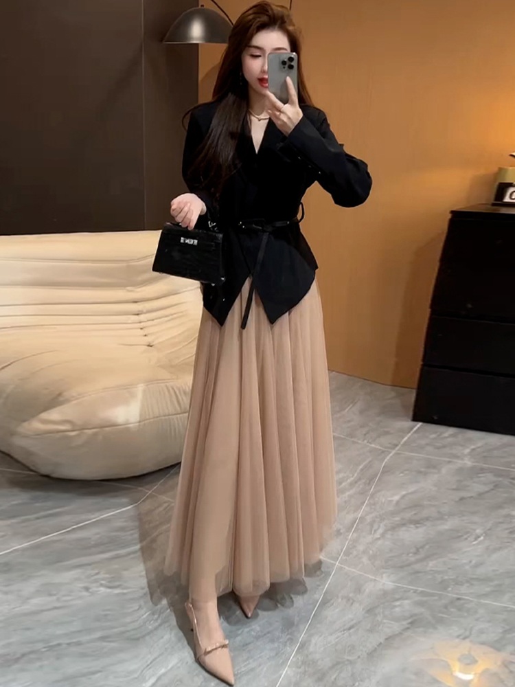 블랙자켓 베이지메쉬샤롱스커트 코디세트 베트포함 하이웨스트 오피스룩 정장 등원룩 패션 - 상세 이미지 3