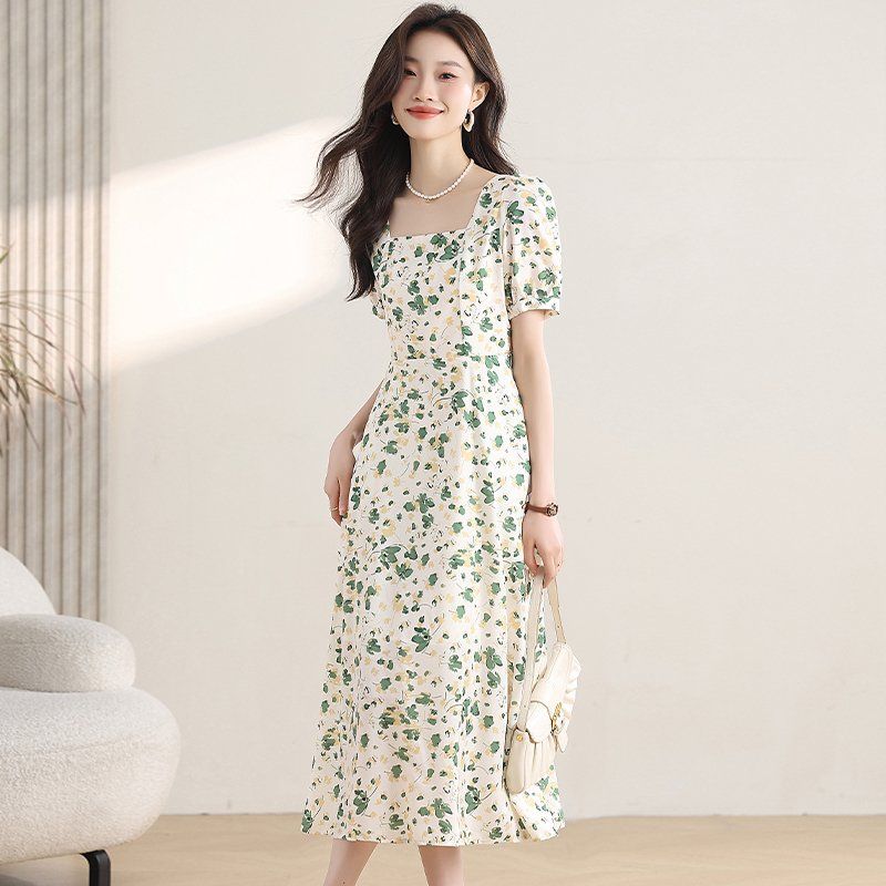 봄 여름 쉬폰 플라워 스퀘어넥 퍼프 반팔 롱 원피스 A라인 포켓 하객룩 데이트룩 그린 - 상세 이미지 2