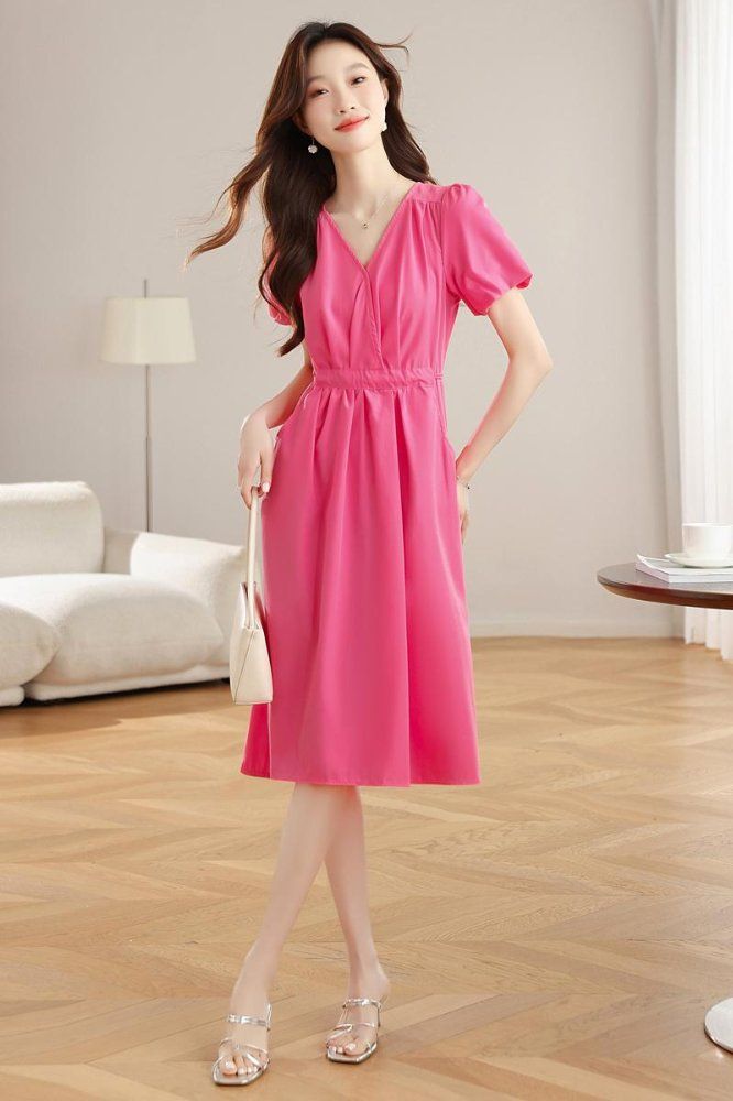 봄 여름 브이넥 반팔 허리 스트랩 셔링 롱 원피스 A라인 포켓 오피스룩 데이트룩 핑크 - 상세 이미지 5