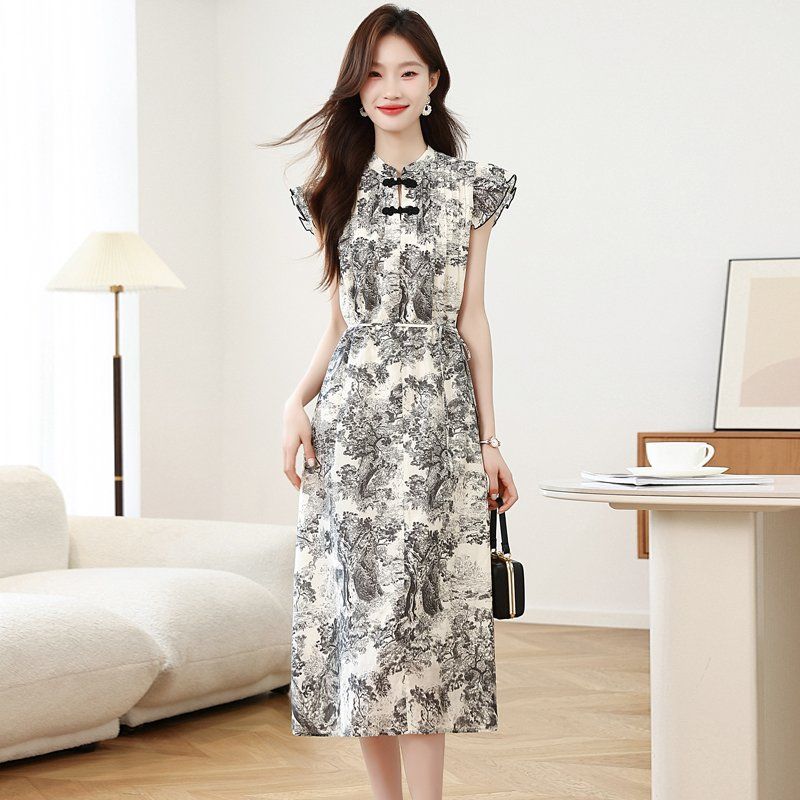 봄 여름 오리엔탈 텐셀 치파오 플러터 반팔 롱 원피스 프린트 하객룩 아이보리 블랙 - 상세 이미지 2