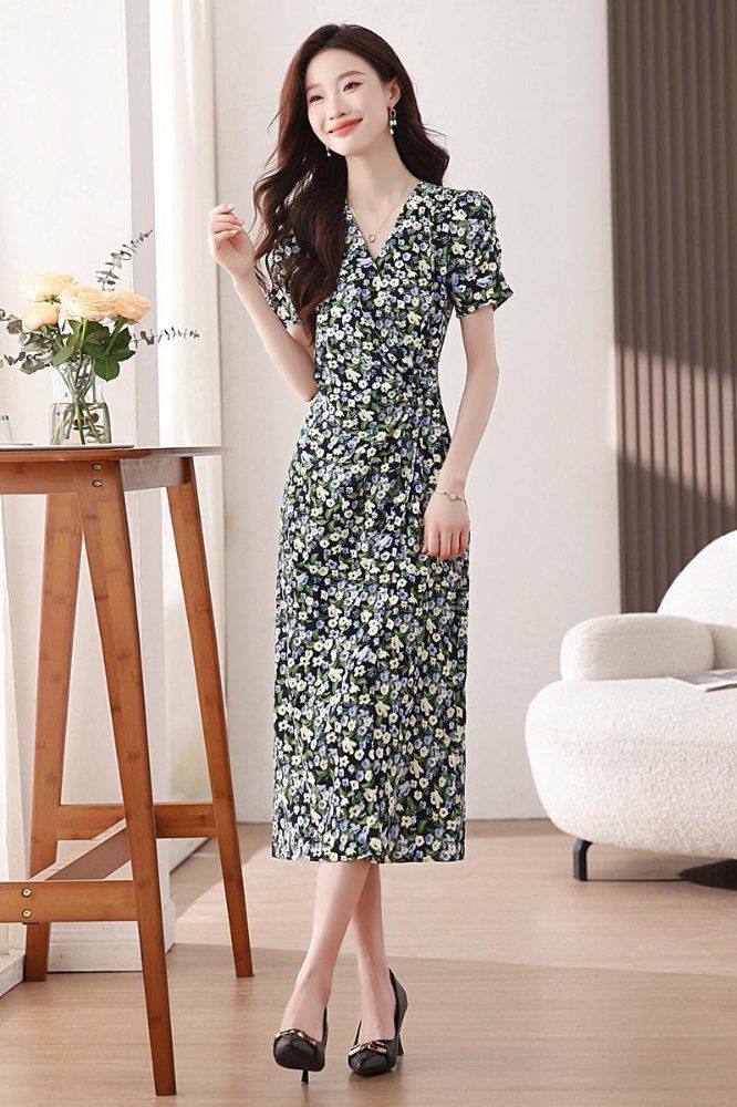 봄 여름 쉬폰 플라워 브이넥 반팔 롱 원피스 셔링 H라인 사이드지퍼 네이비 플라워