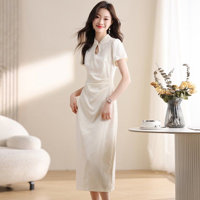 봄 여름 레트로 빈티지 치파오 퍼프 반팔 자카드 롱 원피스 만다린카라 하객룩 모임룩 베이지 - 상세 이미지 2