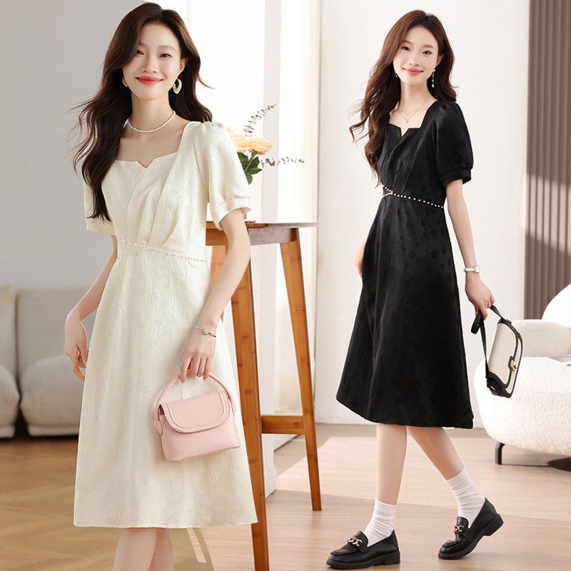 봄 여름 자카드 스퀘어넥 퍼프 반팔 진주 허리 미디 원피스 A라인 하객룩 블랙 아이보리 - 상품 이미지