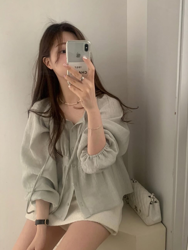 러블리 텐셀 스트링 셔링 블라우스 라운드 레이어드 블라우스 가을 여성 블라우스 - 메인 이미지