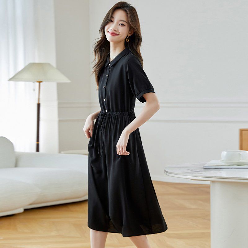 봄 여름 카라 버튼 반팔 스트링 허리 셔츠 롱 원피스 A라인 데일리룩 오피스룩 블랙 - 상세 이미지 4