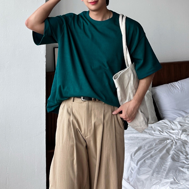 1+1 남자 리구 루즈 오버핏 여름 무지 라운드 반팔 티셔츠 - 상세 이미지 5