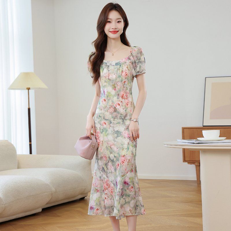 봄 여름 쉬폰 플라워 스퀘어넥 퍼프 반팔 머메이드 롱 원피스 하객룩 데이트룩 그린 - 상세 이미지 4