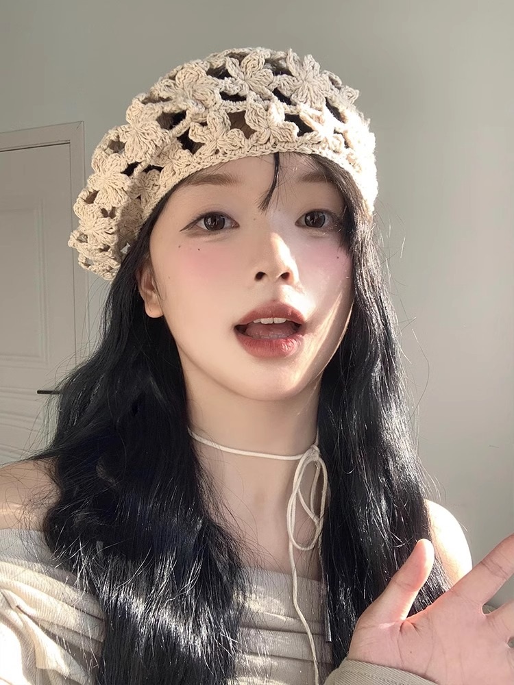 뜨개질 꽃모양 베레모 봄 여름 일본풍 빈티지 디자인 레트로 예쁜 스타일 베이지 - 상세 이미지 5