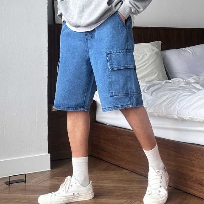 남자 구엘 여름 밴딩 와이드 카고 데님 반바지 연청 중청 흑청