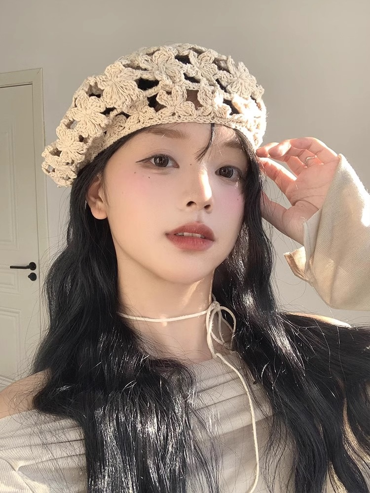 뜨개질 꽃모양 베레모 봄 여름 일본풍 빈티지 디자인 레트로 예쁜 스타일 베이지 - 상세 이미지 4
