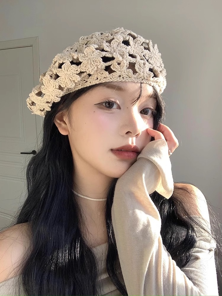 뜨개질 꽃모양 베레모 봄 여름 일본풍 빈티지 디자인 레트로 예쁜 스타일 베이지 - 상세 이미지 2