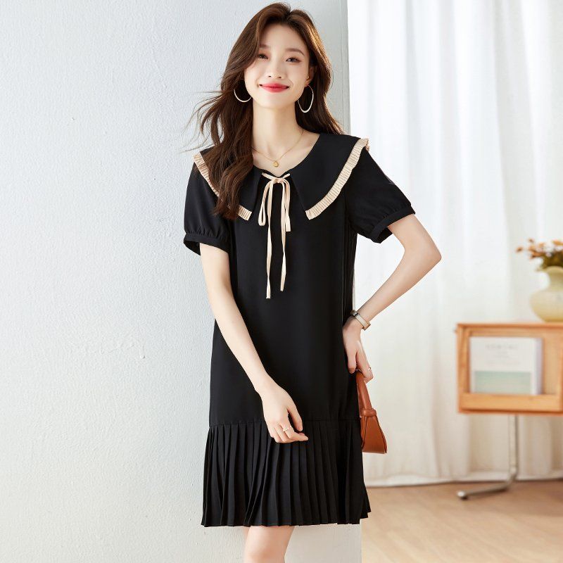 여성 봄 여름 세일러카라 리본 반소매 플리츠 밑단 A라인 미니 원피스 블랙 - 상세 이미지 2