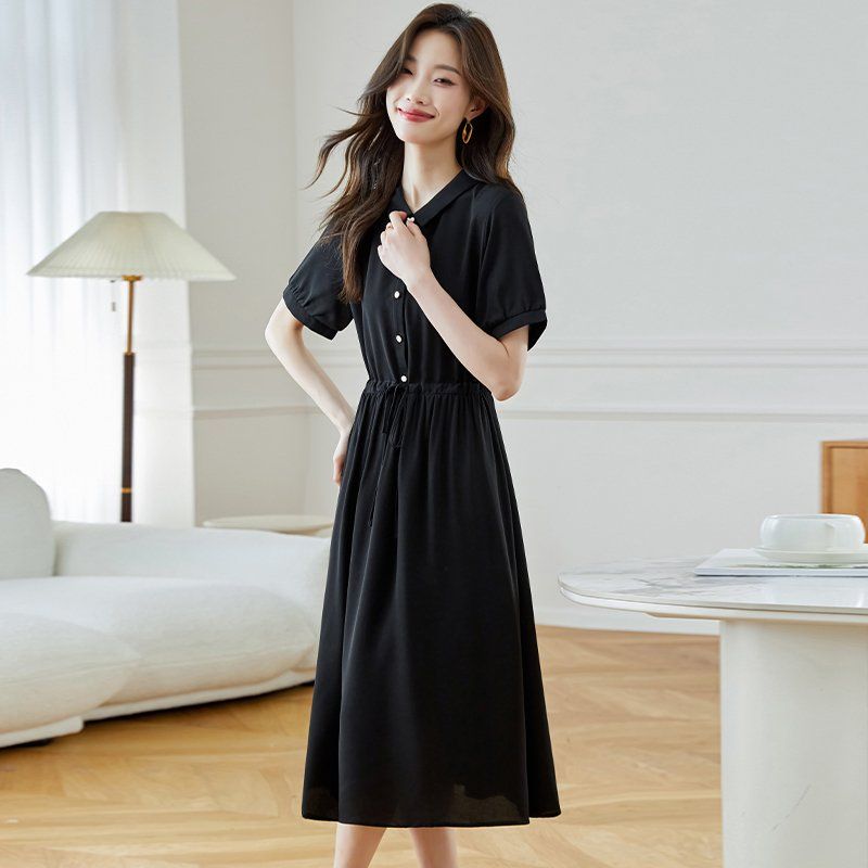 봄 여름 카라 버튼 반팔 스트링 허리 셔츠 롱 원피스 A라인 데일리룩 오피스룩 블랙 - 상세 이미지 2
