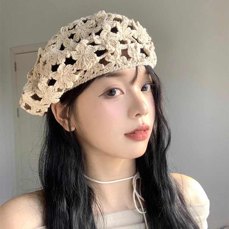 뜨개질 꽃모양 베레모 봄 여름 일본풍 빈티지 디자인 레트로 예쁜 스타일 베이지 - 상품 이미지