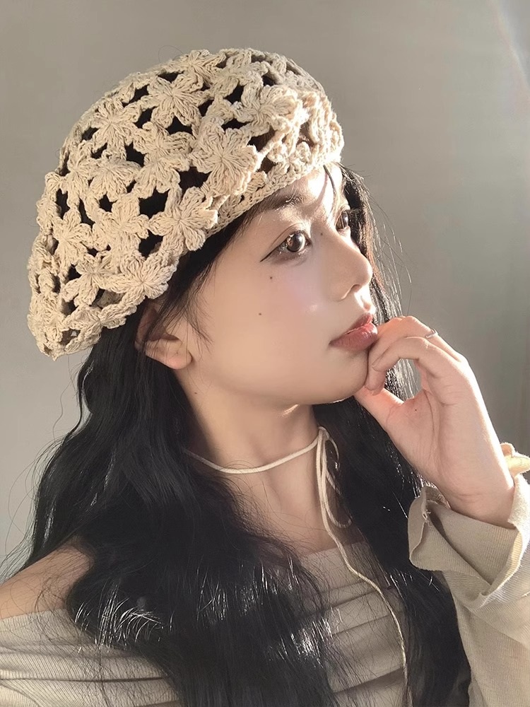 뜨개질 꽃모양 베레모 봄 여름 일본풍 빈티지 디자인 레트로 예쁜 스타일 베이지 - 상세 이미지 3