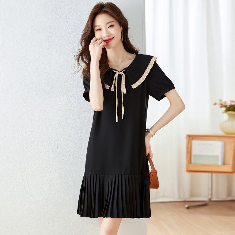 여성 봄 여름 세일러카라 리본 반소매 플리츠 밑단 A라인 미니 원피스 블랙 - 상세 이미지 4