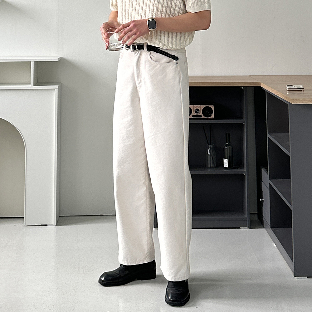 남자 와이드팬츠 통큰 흰색 크림진 남자 면바지 - 상세 이미지 2