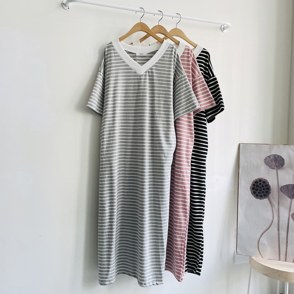 스트라이프원피스 빅사이즈 브이넥 맥시 롱원피스