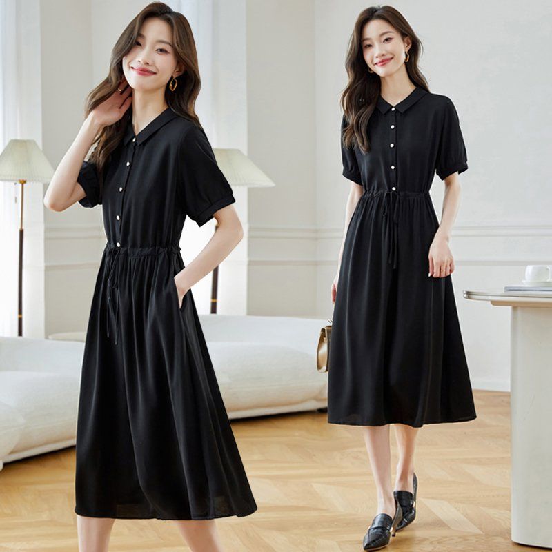 봄 여름 카라 버튼 반팔 스트링 허리 셔츠 롱 원피스 A라인 데일리룩 오피스룩 블랙 - 상품 이미지