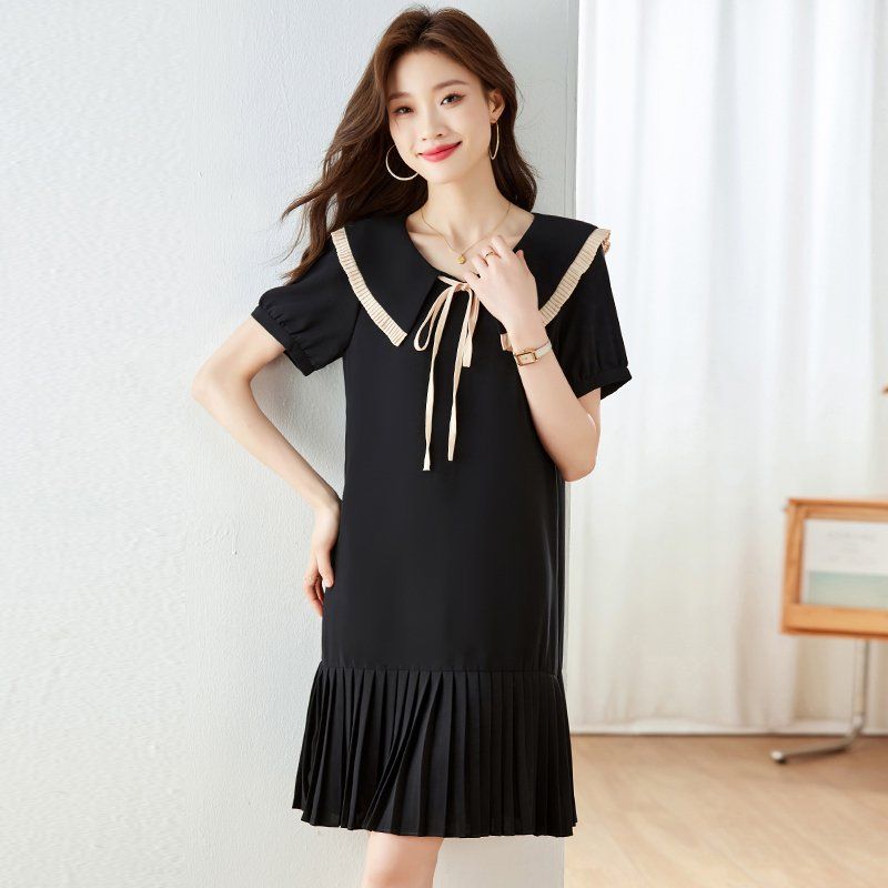여성 봄 여름 세일러카라 리본 반소매 플리츠 밑단 A라인 미니 원피스 블랙 - 상세 이미지 3