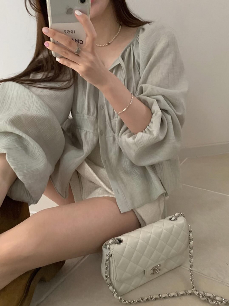 러블리 텐셀 스트링 셔링 블라우스 라운드 레이어드 블라우스 가을 여성 블라우스 - 상세 이미지 3